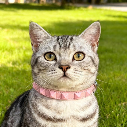 EXPAWLORER Halloween Leather Cat Collar - Adjustable Pet Collar with Rivet Spike for Girl Boy Cats, Punk Accessories with Bell & Durable D-Ring,Pink Square Nails