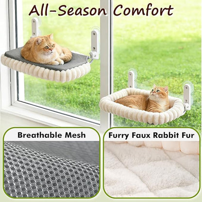 2PC Cat Window Perch with Bolster Foldable Cat Hammock Cushion Bed for Window with Metal Frame, Cloud-Cuddle Cordless Window Resting Seat for Indoor Cats (Cushion Bed, White-M)