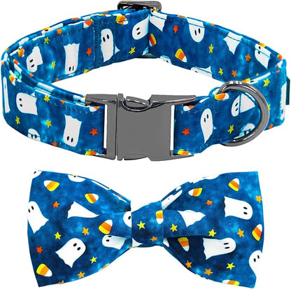 Halloween Dog Collar, Ghost Print Adjustable Pet Collar Blue Cute Cotton Soft Collars with Bow Tie Fall Metal Buckle Holiday Puppy Collars Boy&Girl Gift for X-Large Dogs
