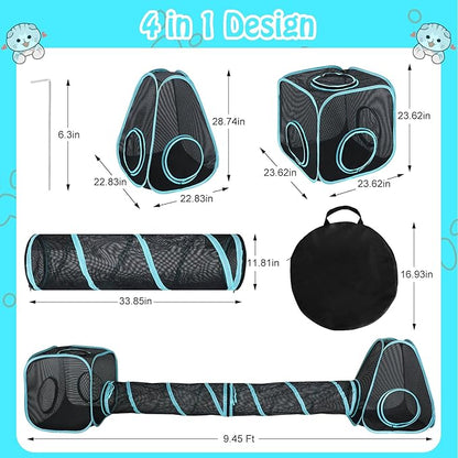 BWOGUE Outdoor Cat Enclosures for Indoor Cats, 4 in 1 Outdoor Cat Tent with Tunnel Portable Pop Up Visual Mesh Cat Outside Playhouse for Cats Puppy Small Animals, Total Length 9.45FT