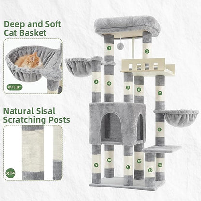 Cat Tree for Indoor Cats Large Adult, Heavy Duty Cat Tree for Large Cats 20 lbs+, Cat Condo with Big Wooden Perch, Cat Tower with 14 Scratching Posts, Hammock, Light Gray GCT023W