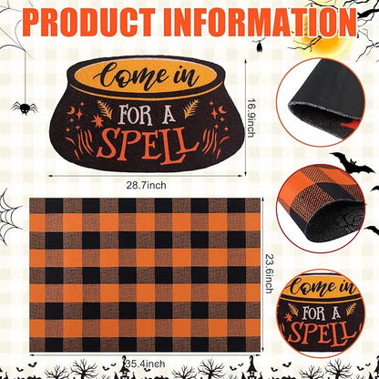 Tinideya 2 Pcs Halloween Door Mat Come in for A Spell Welcome Non Slip Coir Mats Funny Black Orange Buffalo Plaid Floor Layering Doormats Seasonal for Front Porch Entryway Decor(Come in for A Spell)