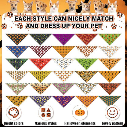 Sanwuta 120 Pcs Halloween Dog Bandanas Bulk Skeletons Pumpkin Bat Skull Ghost Spider Pet Costumes Scarf Washable Pet Scarves Adjustable Bibs for Small and Medium Pets, 30 Styles(Halloween)