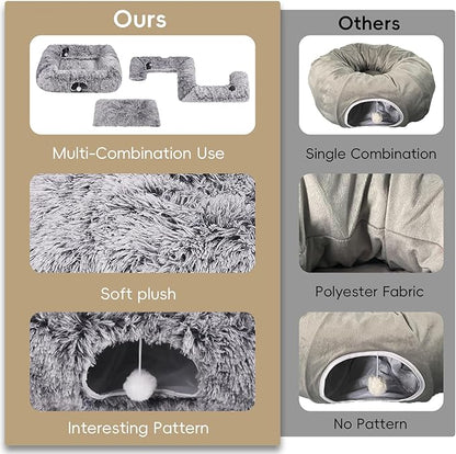 Extra Large Cat Tunnel Bed, 4 Ways Tunnels for Indoor Cats, Multi-cat Family Pet Bed & Cave, Plush Cat Donut with Washable Middle Mat, Exit Balls, Pet Play Toy for Kitten Puppy Rabbit, Dark Grey