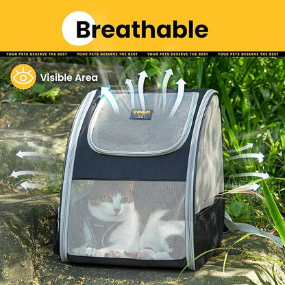 Cat Backpack Carrier for Small Dogs and Cats Fit Up to 15 Lbs,Small Dog Backpack, Foldable with 3-Side Mesh Windows, Pet Carrier for Travel & Hiking Friendly，Gray