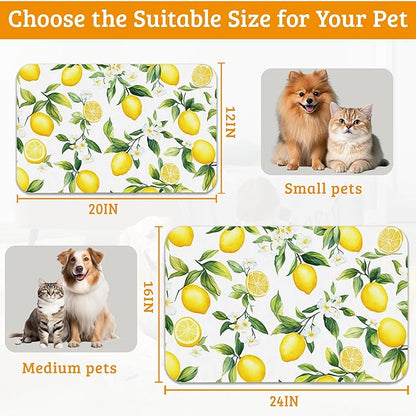 Lemon Feeding Mat,Green Leaves Absorbent Quick-Dry Cat Dog Food and Water Bowl Mats,Non-Slip Rubber Backing Mat,Cat Dog Accessories Supplies 16" x 24"