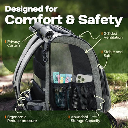Premium Dog & Cat Carrier Backpack for Travel, Hiking & Vet Visits - Solid Durable Pet Backpack with Breathable Mesh, Safety Strap, Anti-Anxiety Curtain & Storage Pockets, Gray