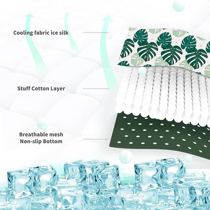 NWK Pack of 4 Pet Cooling Mat - Ice Silk Cooling Mat for Dogs & Cats Portable & Washable Pet Cooling Blanket, Car Seats, Beds for Summer (4pcs, Green Leaf, 39’’ X 27’’ X 0.3)