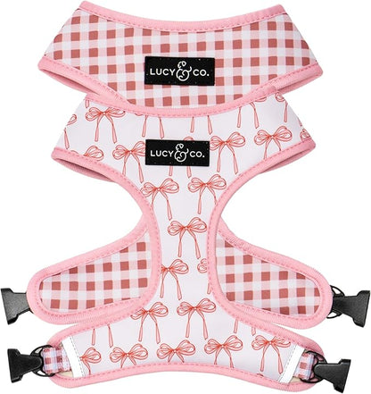 Lucy & Co. Cute Reversible Dog Harness Walking Halter - Best Designer Pet Harnesses for XS - XL Dogs - Padded Adjustable Vest for Easy Walking (Small, Ballet Bows - White & Pink Bows)