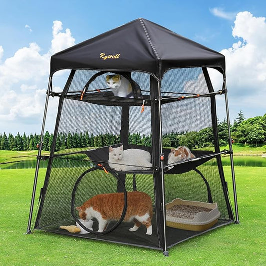 Extra Large Catio Outdoor Cat Enclosure, Rywell 3-Tier Spacious Outdoor Cat Tent, Weatherproof&Sunproof with 5 Windows, Foldable Cat Enclosure for Patio, Camping, Indoor(Includes Carry Bag)