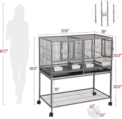 Yaheetech 41.5" Stackable Divided Breeder Breeding Parakeet Bird Cage for Canaries Cockatiels Lovebirds Finches Budgies Small Parrots with Rolling Stand, Black