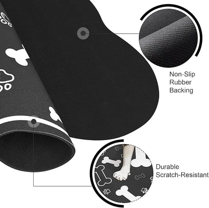 Dog Cat Food Mat,Rapid Absorbent Pet Feeding Mat, Bone Shaped Dog Placemat Water Bowl Mat with Rubber Backing,No Stains Dog Cat Food Mats Indoor, Pet Accessories Supplies 16"×24" Black