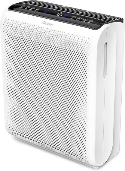 AROEVE Air Purifiers for Bedroom Home Large Room Up to 1504 Ft², 5 Layer Filter for Smoke Pollen Allergies Pet Dander Odor, Air Quality Monitor, Sleep Mode, Timer for Office, Dorm, Kitchen, MK07 White