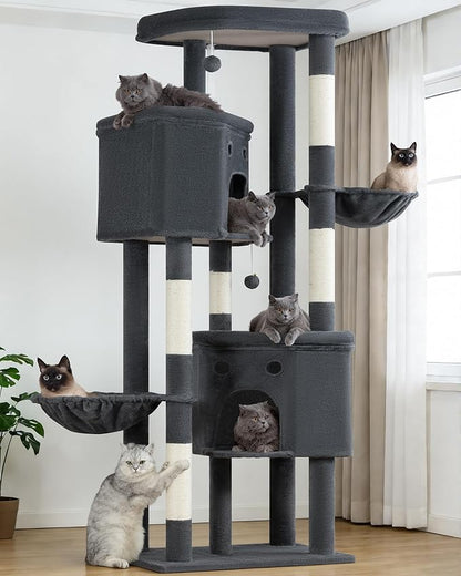Extra Large Cat Tree, 84 Inch XXL Giant Cat Tower for Indoor Cats Large Adult 20lb+, Multi-Level Cat Climbing Condo with 5 Scratching Posts, 3 Wide Platform Perches, 2 Baskets, 2 Cat Caves, Dark Grey