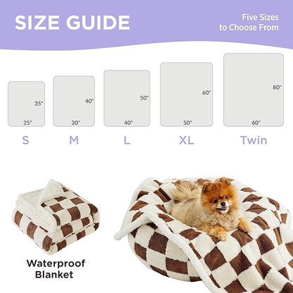 LE SURE Waterproof Dog Blanket for Large Dogs - Washable Double Sided Dog Blankets with Warm Jacquard Shag and Soft Sherpa Fleece, Pet Cat Blanket for Couch Protection, 3D Textured Checks, Brown