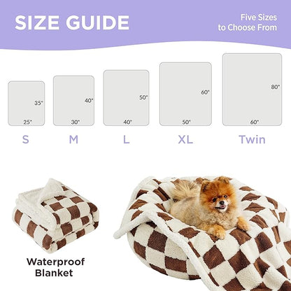 LE SURE Waterproof Puppy Blanket for Small Dogs - Washable Double Sided Dog Blankets with Warm Jacquard Shag and Soft Sherpa Fleece, Pet Cat Blanket for Couch Protection, 3D Textured Checks, Brown