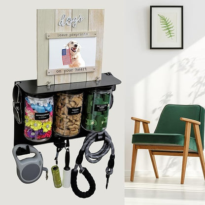 Dog Treat Holder For Wall Storage For Pets, Premium Pet Wall Organizer, Includes Three 32oz Airtight Dog Treat Jars, 3 Sets of Triple Hooks, Sturdy Shelf in Modern Black