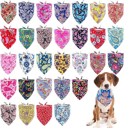 30 Pcs Paisley Bandanas for Dog Polyester Print One Side Bandana Bulk for Small Medium Dogs Breed Reversible Stitch Bandana Grooming M