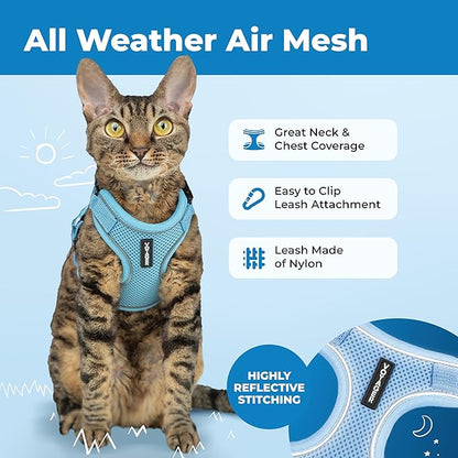 Voyager Escape-Proof Step-in Lock Cat Harness & 5ft Neoprene-Handle Leash Set All-Weather Mesh with Reflective Stitching for Small to Large Cats by Best Pet Supplies, Baby Blue (327), XXS