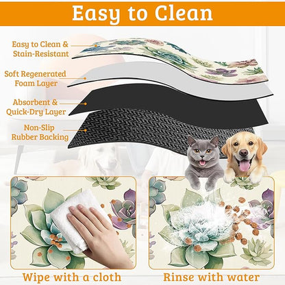 Dog Bowl Mat,Cactus Pet Feeding Mat for Floors Waterproof,Succulents Absorbent Dogs Placemat for Food and Water Quick Dry Pet Cat Feeding Mats with Non Slip Bottom 12" x 20"