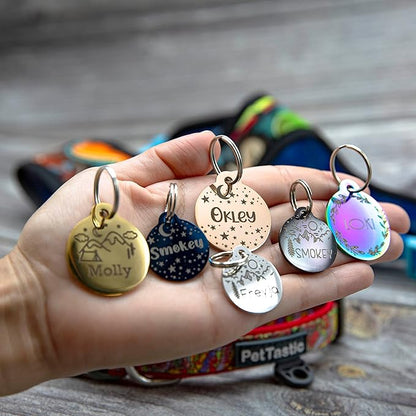 Personalized Dog Tag with 5 Lines of Custom Deep Engraved Durable Stainless Steel Pet ID Name Tag Designer Regular Size Round