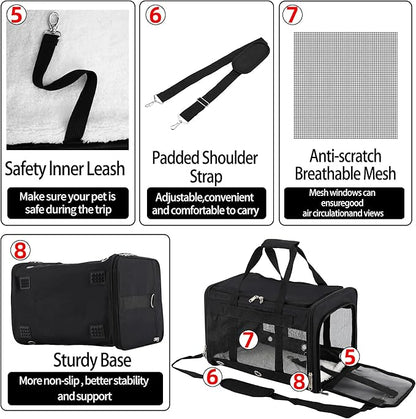 Soft Sided Cat/Dog Carrier，Collapsible Mesh Pets Travel Carriers for Pet/Puppy with Shoulder Strap & Removable Mat，Top Load Small Dogs/Cats Carry Bag Up to 25 Lbs（Black - L）