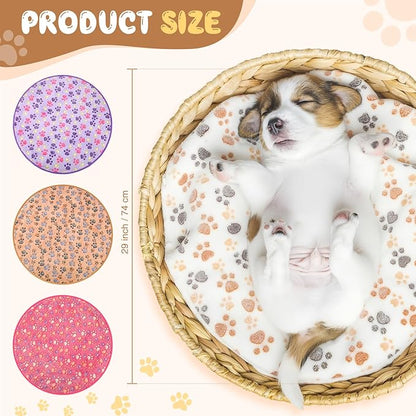 Tatuo 4 Pcs Dog Blanket for Pet Cat Blankets Indoor Puppy Teething Stuff Toys Paw Print Fleece Soft Blanket Sleep Mat for Guinea Pig Cage(White, Coffee, Pink, Purple,29 x 29 Inches,Round)