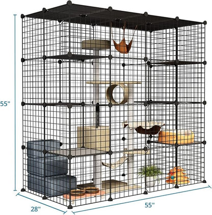 Oneluck Outdoor Cat House Cat Cages Enclosure with Super Large Enter Door, Balcony Cat Playpen with Platforms,DIY Kennels Crate Large Exercise Place Ideal for 1-3 Cats (55L x 28W x 55H)