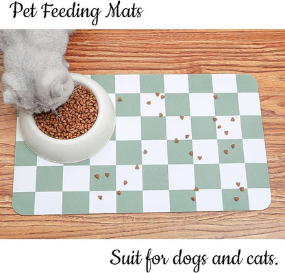 Ralxion Checkered Dog Feeding Mat, Absorbent Mats for Dog Food and Water Bowl, Dispenser, Retro Modern Aesthetic Sage Green Checkerboard Pet Placemat for Dogs, Cats, Puppy Accessories, 12" X19”