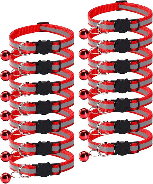 14 Pack Breakaway Cat Collar with Bell, Reflective Kitten Collar for Girl Boy Cats, Safety Buckle Adjustable 7.5-12.5 Inch, 0.4 Inch Width Lightweight, Pet Gifts (Red)