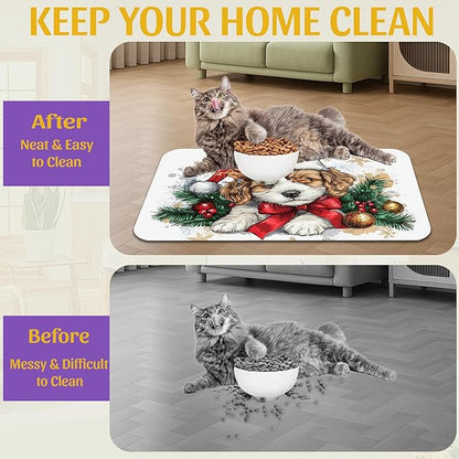Christmas Dog and Cat Food Mat, Absorbent Feeding Placemat, Waterproof Non-Slip Rubber Base – 12x20 Inch