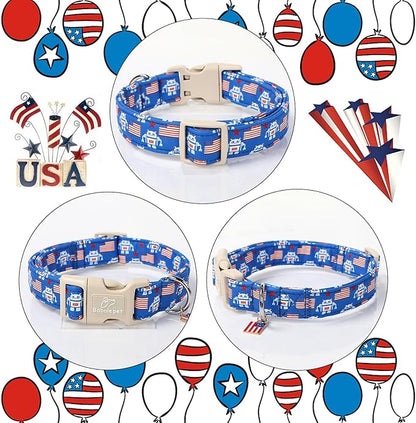4th of July Dog Collar, Robot Star-Spangled Patriotic Dog Collars for Small Dogs, Adjustable Lightweight Quick-Release Buckle Collar for Boy&Girl Dogs S