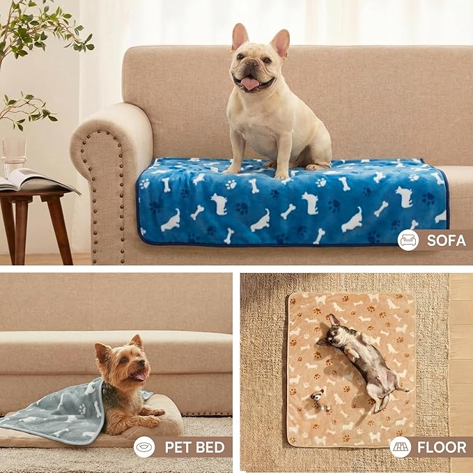 Luciphia 1 Pack 3 Dog Printed Fleece Pet Blankets Washable，Soft Warm Throw Covers for Crate Couch Bed，Cozy Puppy Essentials for Dogs and Cats， Blue/Grey/Khaki, Small (23x16 inch)