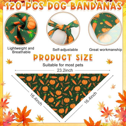 Sanwuta 120 Pcs Thanksgiving Fall Bandanas for Dogs Bulk Pumpkin Maple Leaf Triangle Dog Bandana Autumn Washable Pet Scarves Adjustable Bibs for Small and Medium Pets, 30 Styles