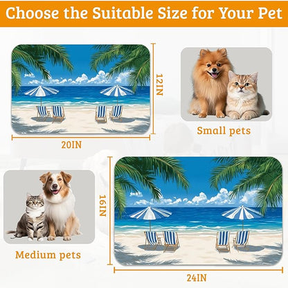 Pet Feeding Mat,Sea Beach Absorbent Dog Cat Food Mat Palm Tree Dog Mat with Rubber Backing,Non-Slip Water Bowl Placemat,Pet Supplies 12" x 20"