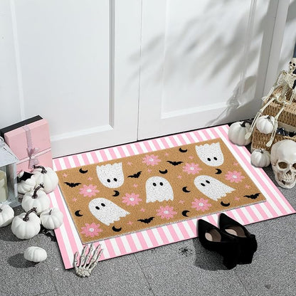Tinideya 2 Pcs Door Mat Welcome Non Slip Coir Mats Floor Layering Doormats Seasonal for Front Porch Entryway Decor(Flower Ghost)