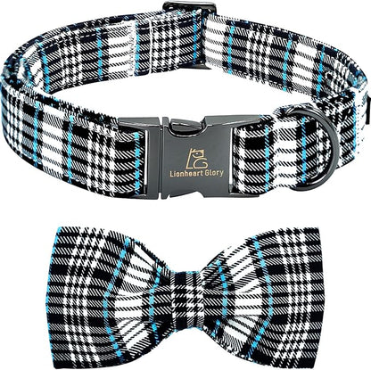 Lionheart glory Dog Bow Collar Blue and Black Plaid Dog Collar for Medium Dogs,Boy Dog Collars with Bowtie Spring Summer Collars Soft Adjustable Pet Collar Bows