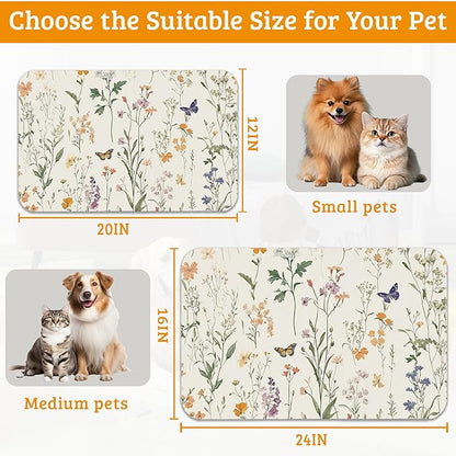 Wildflowers Butterfly Dog Cat Food Mat,Plants Absorbent Waterproof Placemat for Food and Water Non Slip Rubber Backing Durable Feeding Pad for Clean Floors 12" x 20"