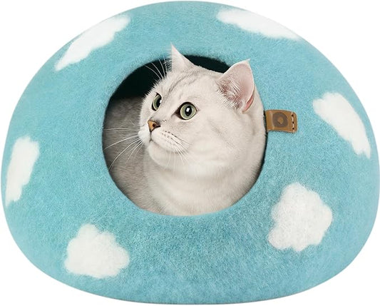 MEOWFIA Cat Cave – Premium Felt Cat Bed for Indoor Cats, Handmade Merino Wool (Cloud Nap Blue, Medium)