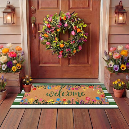 Tinideya 2 Pcs Door Mat Welcome Non Slip Coir Mats Floor Layering Doormats Seasonal for Front Porch Entryway Decor(16.14 x 47.24 Inches,Spring Flowers,Green Brown)