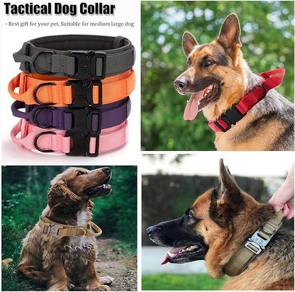 Tactical Dog Collar, Adjustable Military Training Nylon Dog Collar with Control Handle and Heavy Quick-Release Metal Buckle for Small Medium Large Dogs, Grey M