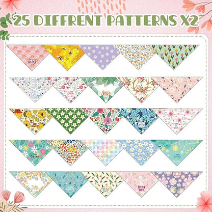 Kacctyen 50 Pcs Spring Dog Bandanas Bulk Bandanas for Dogs Grooming with Spring Flowers Bees Adjustable Pet Triangle Scarf Bib Washable for Small Medium Large Puppy Cats Pets Costume Accessories