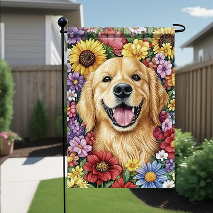 Golden Retriever Garden Flag 12x18 Inch Dog with Colorful Flowers Outdoor Banner Cute Pet Yard Decor Spring Summer Double Sided Welcome Flag for Lawn House Decoration Dog Lovers Gift