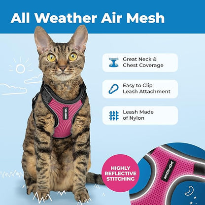 Voyager Escape-Proof Step-in Lock Cat Harness & 5ft Neoprene-Handle Leash Set All-Weather Mesh with Reflective Stitching for Small to Large Cats by Best Pet Supplies, Black Trim-Fuchsia (327), S