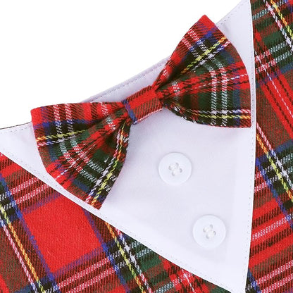 ADOGGYGO Christmas Dog Tuxedo Bandana, Red Plaid Pet Chritstmas Collar with Bowtie, Adjustable Christmas Costume for X-Small Dogs Pets (XS)