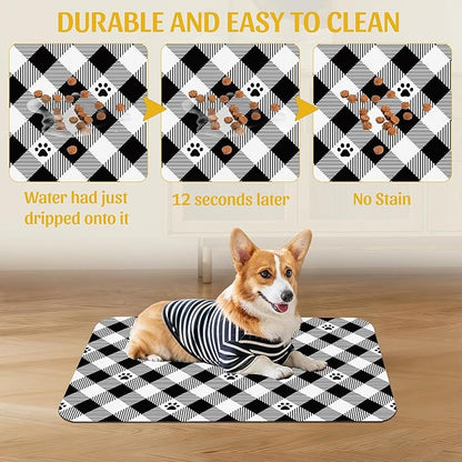 Cat Checked Plaid Dog Cat Food Mat, Absorbent Feeding Mat with Fast-Dry Surface, Rubber Backing for Messy Drinkers – 12x20 Inch