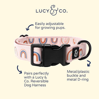 Lucy & Co. in The Clouds Adjustable Dog Collar- Cute Designer Pet Collar for Small, Medium, Large Dogs- Buckle Closure Dog Accessories, Large, Pink Rainbows