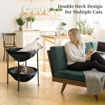 Double Cat Bed Black, Breathable Pet Bed for 2 Cats with 4 Adjustable Feet & Anti-Slip Mats, Easy Assembly Cat Hammock for Multi-cat Household, Indoors & Outdoors, 22.8 in x18.7 in x 18.7 in