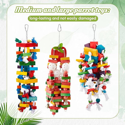 3 Pcs Extra Large Bird Parrot Toy Multicolored Natural Wooden Parrot Cage Chewing Toys for Large Medium Macaws Cockatoos African Grey Birds (Block and Rope)