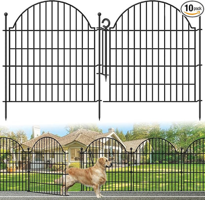 Decorative Metal Garden Fence with Gate Lock 10 Panels, 32in (H) x 23.6ft (L) No Dig Dog Fence Outdoor for Yard, Temporary Rustproof Metal Wire Rabbit Dog Garden Border Fencing for Patio